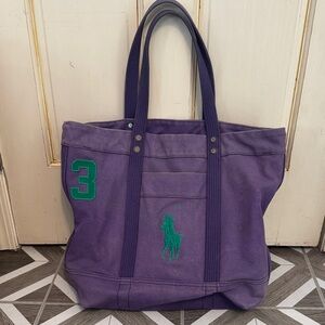 Ralph Lauren Purple Canvas Tote with Green Polo Logo